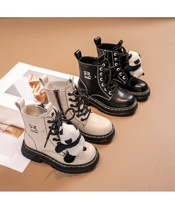 Children's Martin Boots Autumn and Winter New Girls' Cotton Short Boots Boys' Black and White Panda Leather Shoes Keep Warm