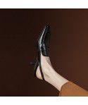 Black Baotou Sandals for Women, Small, Square Head, Thin Heel, Back Empty Single Shoe, Cowhide Temperament, High Heel Sandals