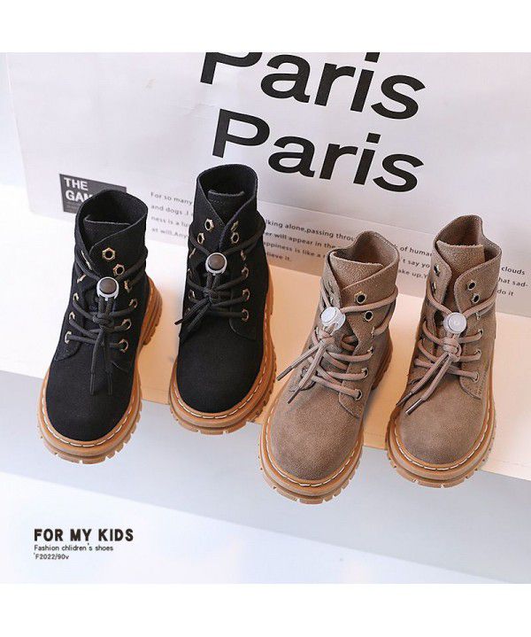 Girls wear two plush leather Martin boots, autumn and winter new children's boots, children's British fashion short boots, leather boots