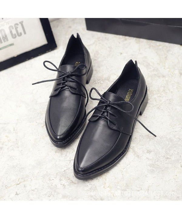 Spring and Autumn Block Women's Shoes British Lace up Pointed Retro College Style Low Heel Small Leather Shoes Single Shoe Girl