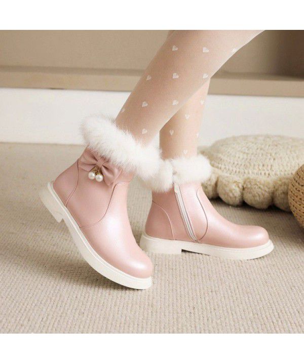 Girls' short boots, spring and autumn children's boots, big boys' flower little girls' plush winter princess ankle boots, snow boots