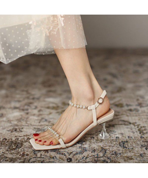 Pearl Sandals Women's Middle Heel New Thin Heel High Heel Summer Korean Student Fairy Caligae Shoes