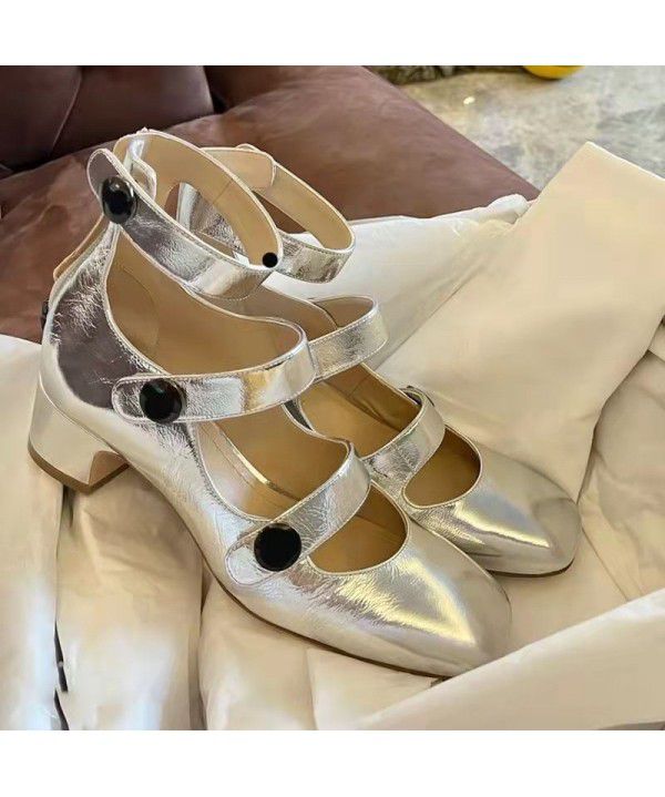 French Vintage Mary Jane Shoes Female Spring and Summer Square Head Shallow Mouth High Top Single Shoe Buckle Strap Thick Heel Small Leather Shoes Female