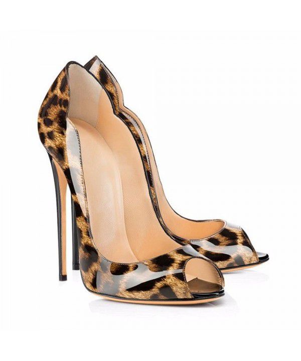 Leopard patterned fish beak patent leather high heels, women's thin heeled pointed shallow mouth party shoes, solid color single shoes, large size wedding shoes