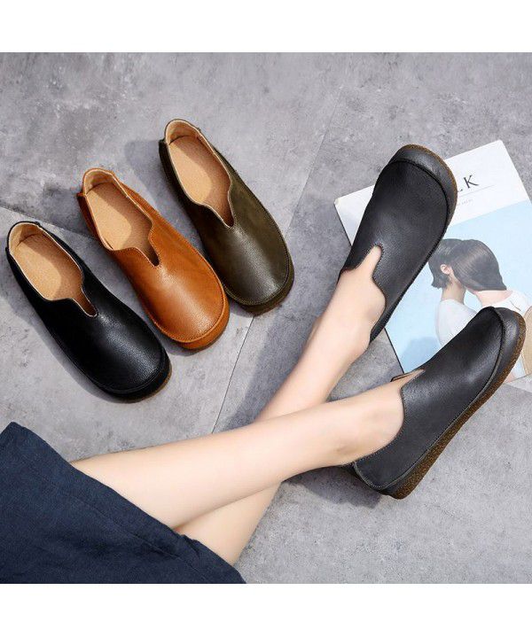 Original handmade shoes for women with genuine leather flat bottomed top layer cowhide, artistic Fansen women with soft soles and round heads, retro single shoes for women 8023