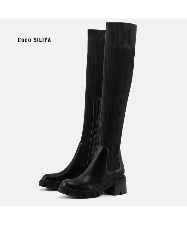 Martin Boots Women's English style thick heeled thick soled long boots with elastic cuffs over the knee that do not fall off the tube