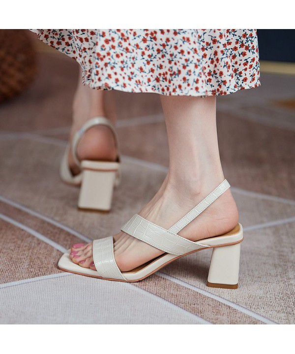 Summer New Versatile Thick Heel Open Toe Sandals Strap White High Heels Square toe Shoes Children Caligae Shoes