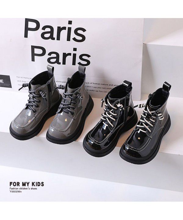 Girls' English style genuine leather Martin boots, square toe mirror black small leather boots, autumn new children's boots, low rise boots