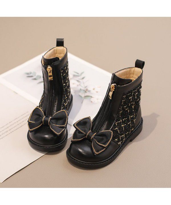 Girls' Martin Boots Winter New Plush Children's Single Boots Little Girls' Short Boots Fashionable Bowknot Leather Boots