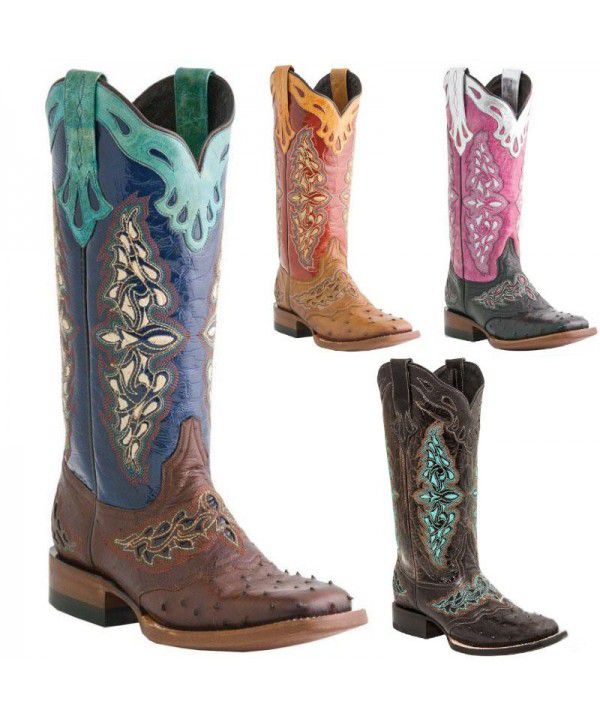 Women's boots, autumn and winter new leather boots, square toe thick heels, colorful patterned knight boots